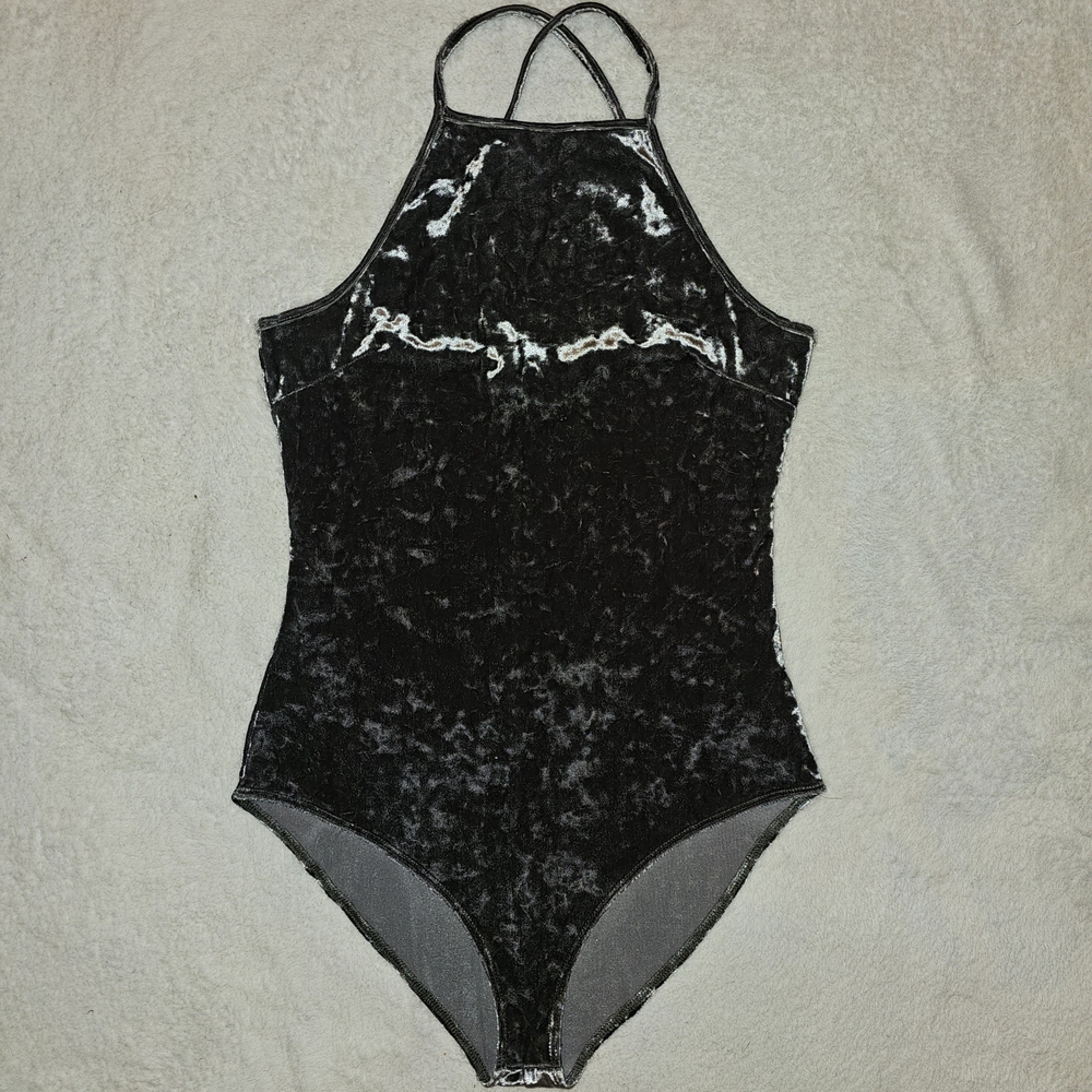 FOREVER21 Gray Faux Crushed Velvet Halter Bodysuit